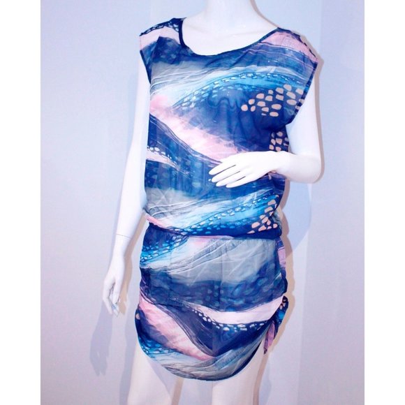 JORDAN TAYLOR Swim COVER Dress TOP Elastic Waist BLUE Prints BEACHWEAR S - Picture 1 of 1